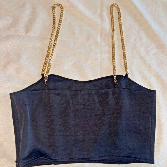 Express Black Satin Crop Top‎ with gold chain straps XL - Picture 2 of 5